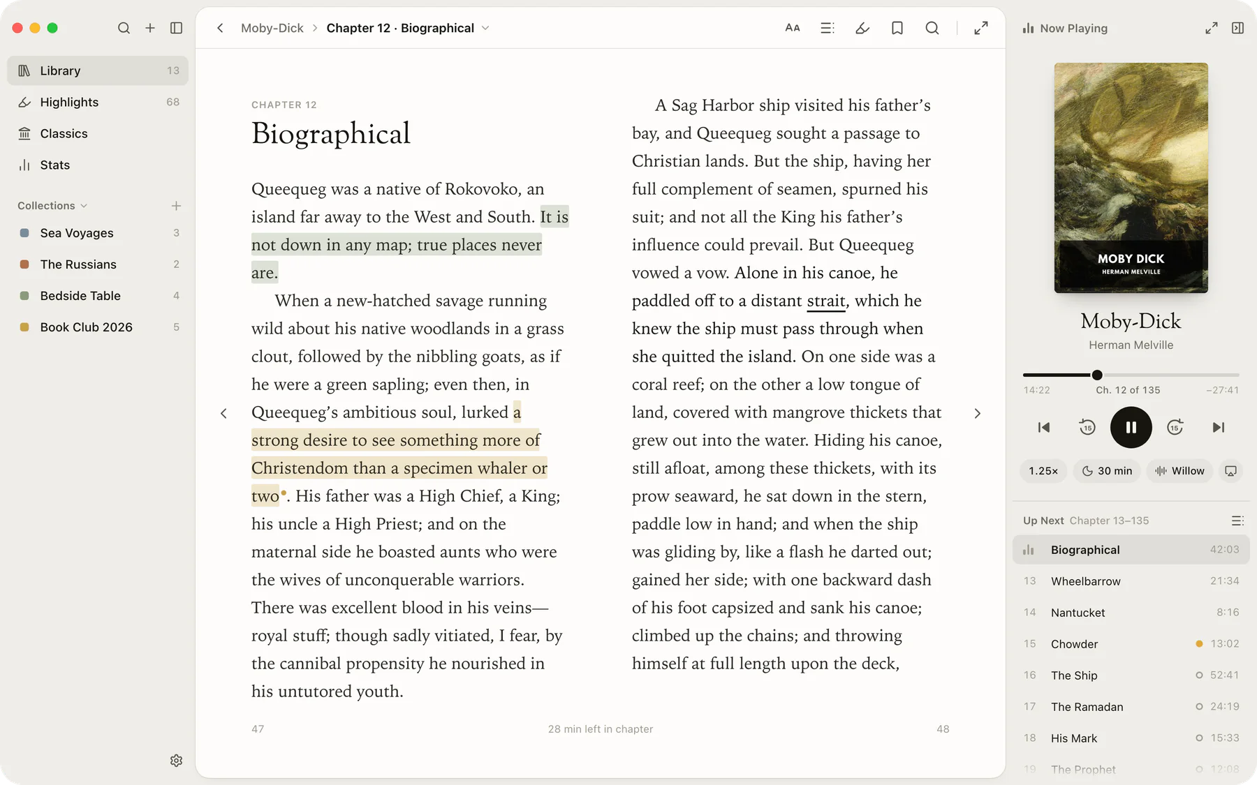 Ecapsa on Mac: Moby-Dick, chapter 12, set as a two-page spread with a Now Playing rail